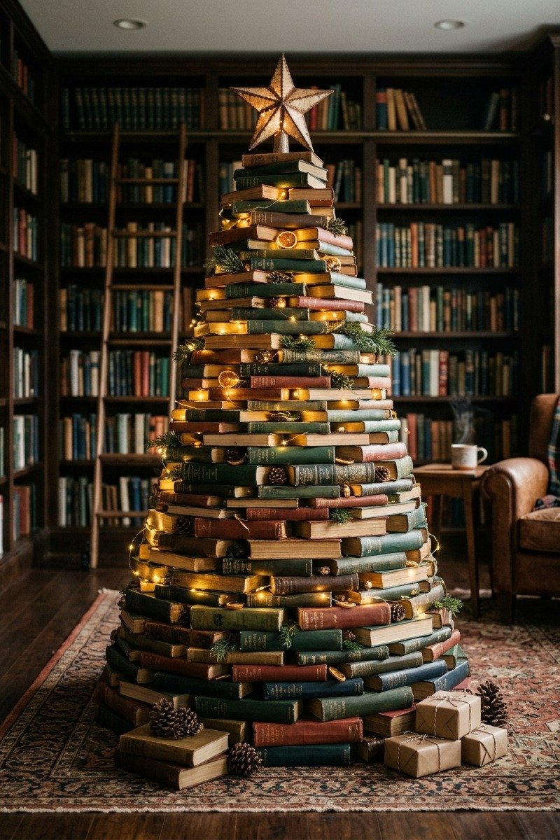 Christmas tree made of stacked books