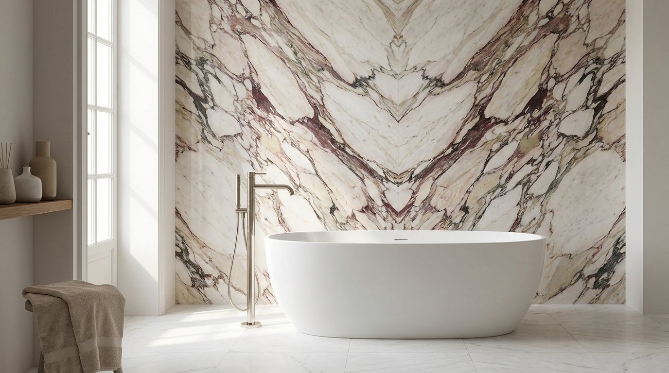 Floor-to-ceiling bookmatched Calacatta marble wall behind a freestanding bathtub