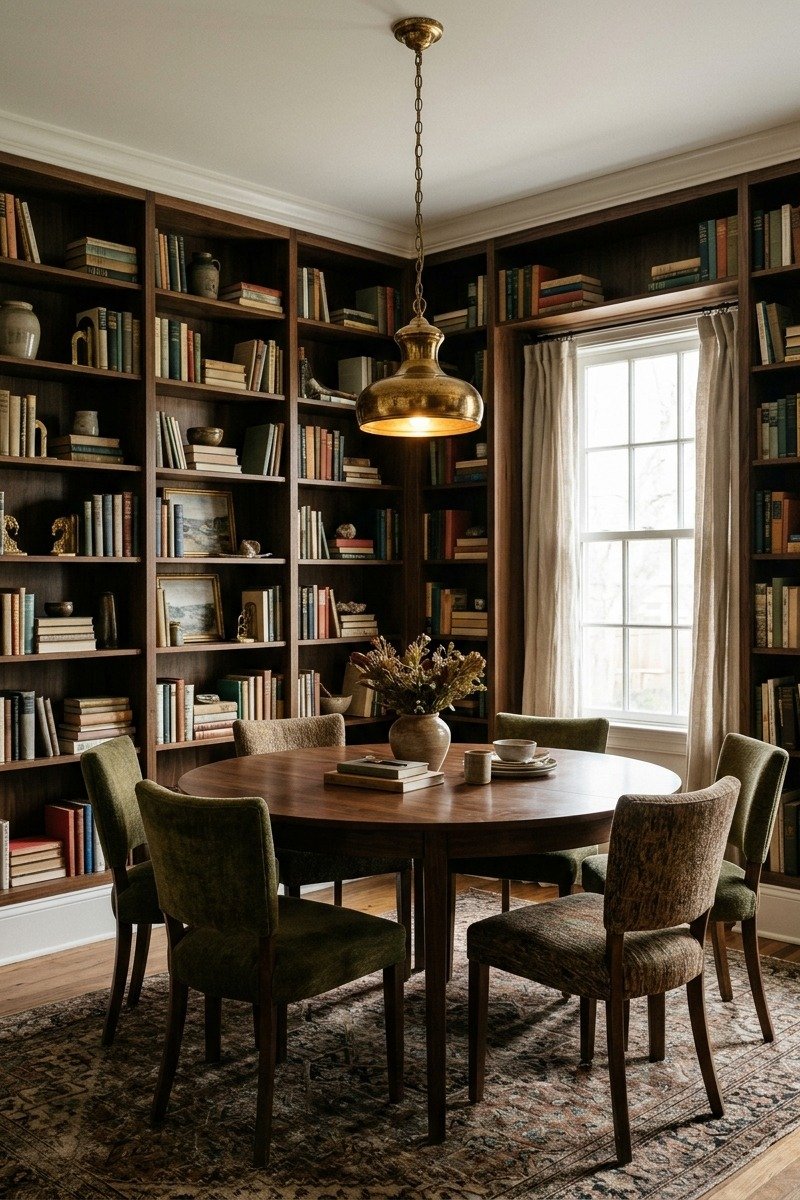 Library dining room with floor-to-ceiling bookshelves