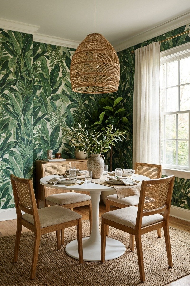 Dining room with bold botanical wallpaper and a round table