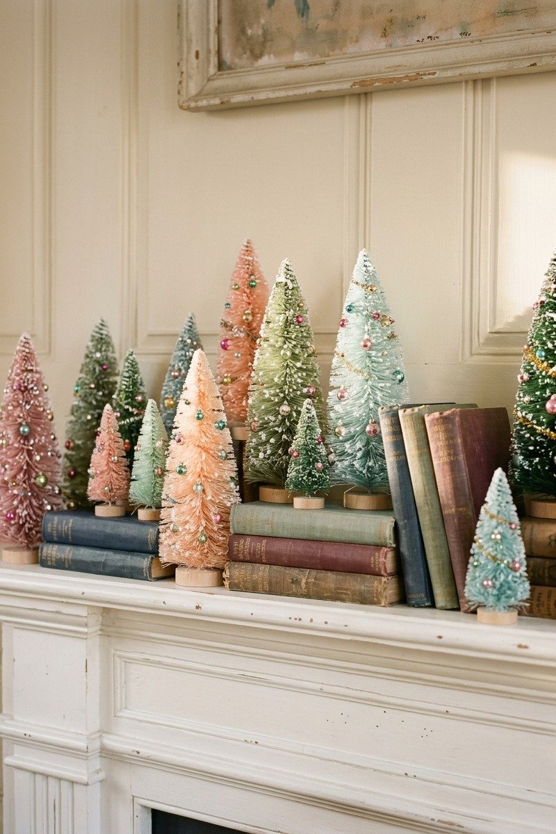 Colorful vintage bottle brush trees on a mantel