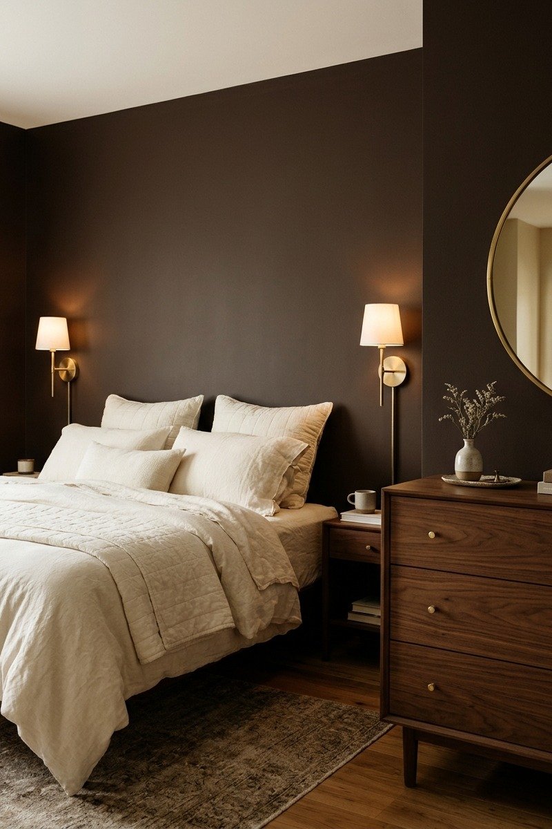 Brass wall sconces and mirror in a chocolate brown bedroom