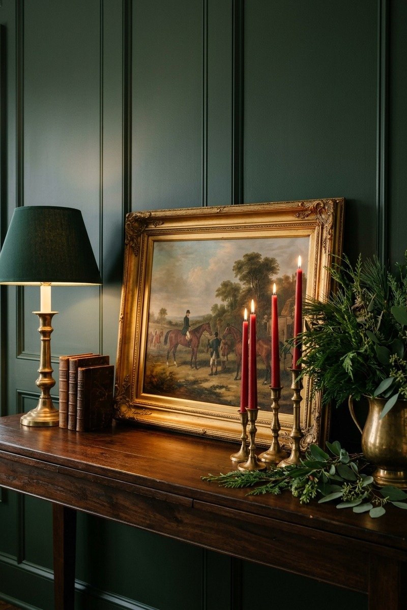 Brass candlesticks and lamps in a Christmas den