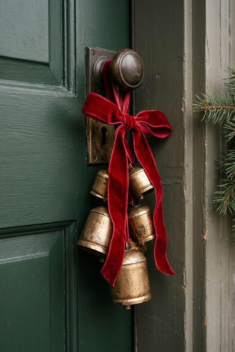 Brass bells tied with ribbon on a door