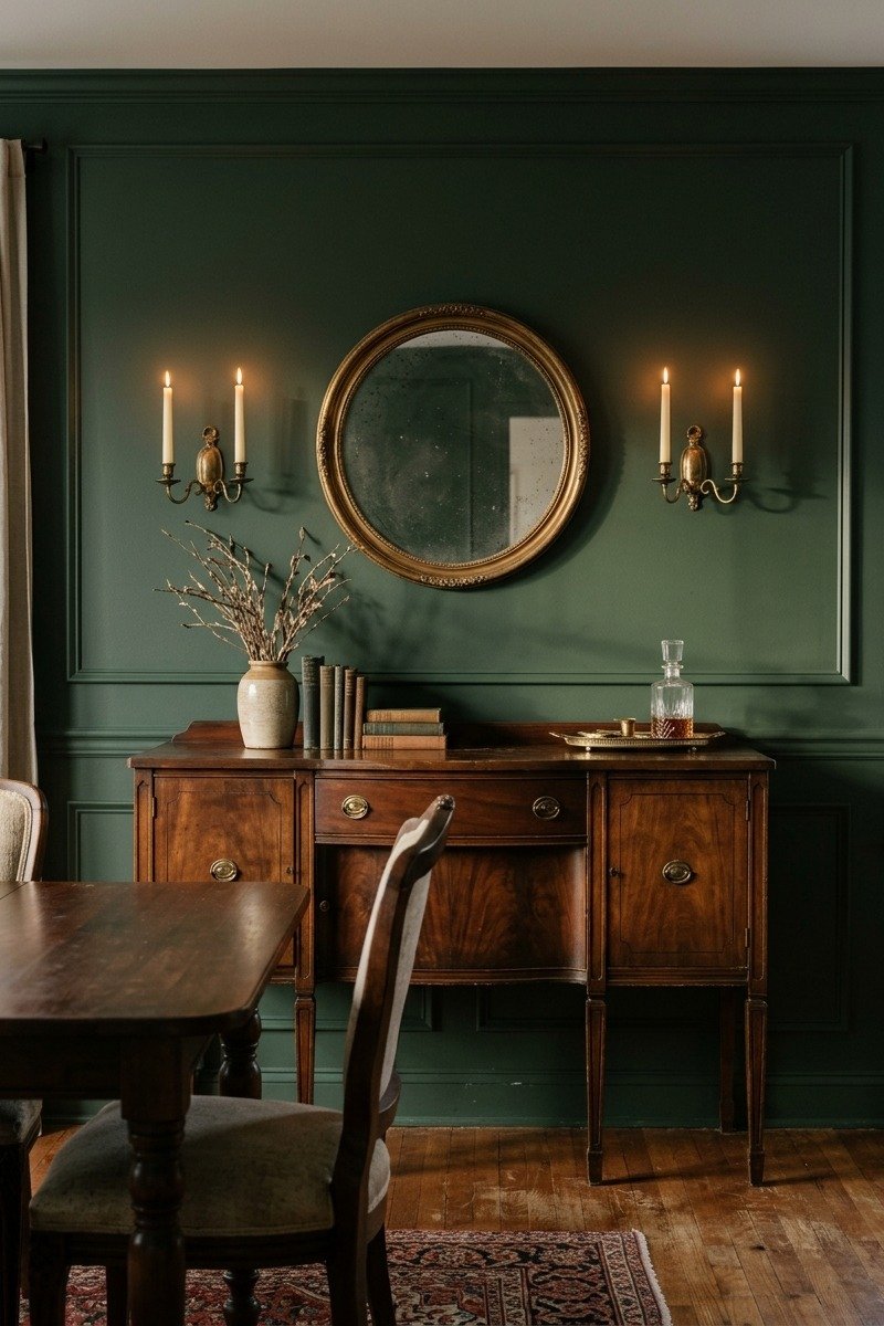 Brass candle wall sconces flanking a mirror in a dining room