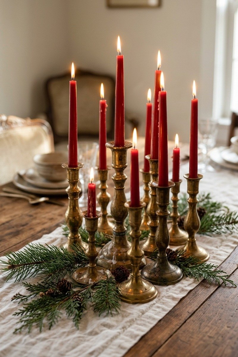 Brass candlesticks with red candles and greenery