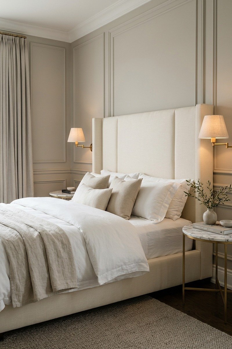 Brass swing-arm wall sconces beside a luxury upholstered bed