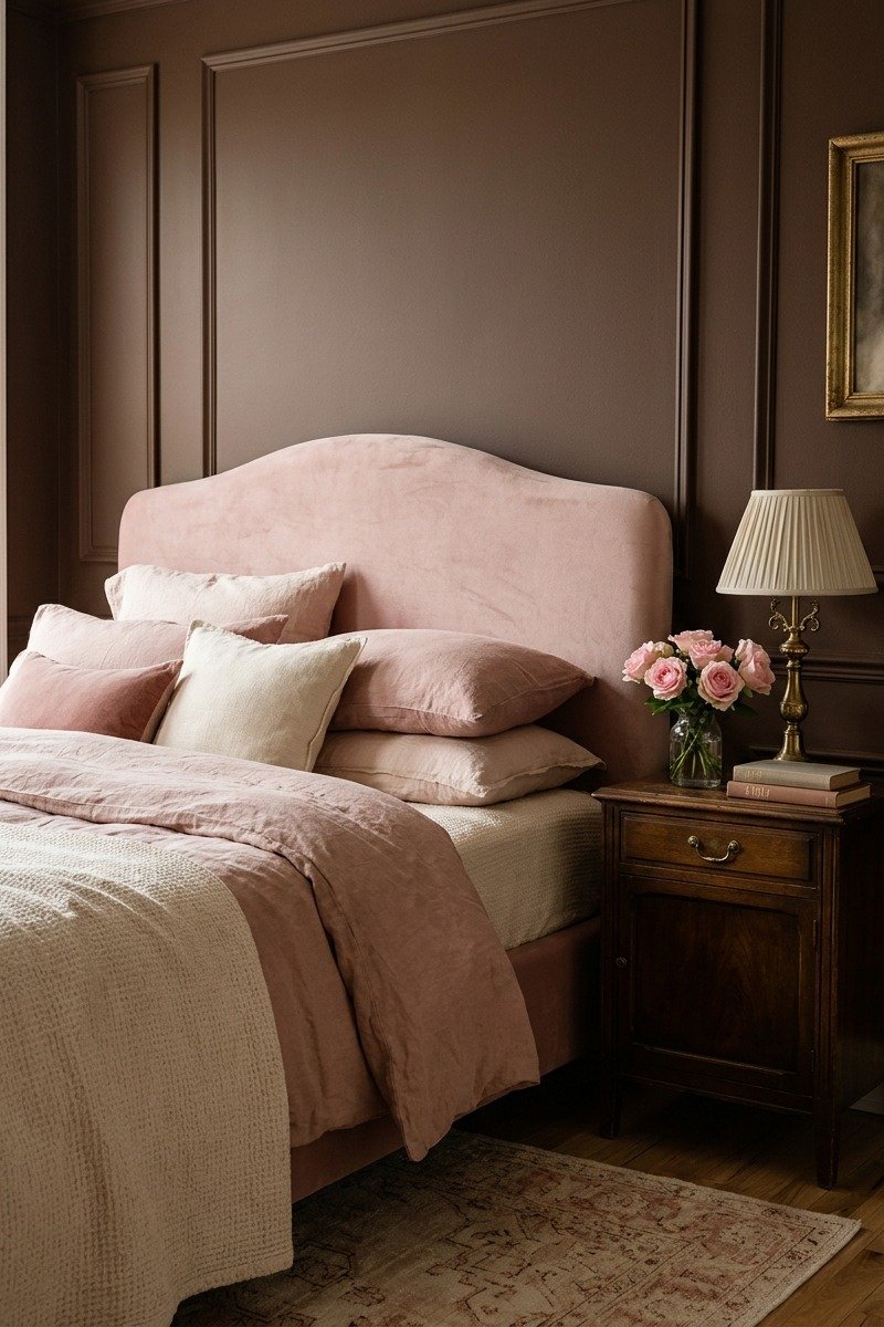 Chocolate brown bedroom with blush pink velvet headboard