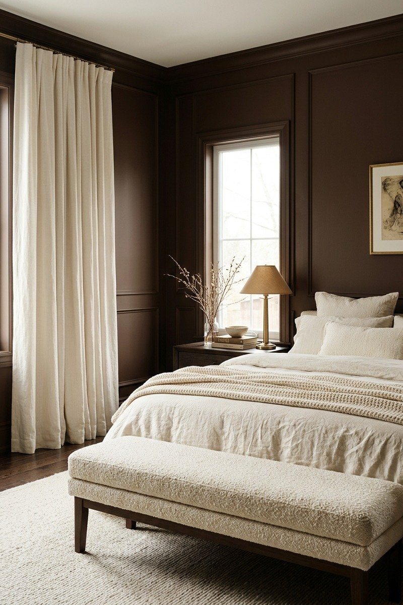 Chocolate brown and cream bedroom with boucle bench