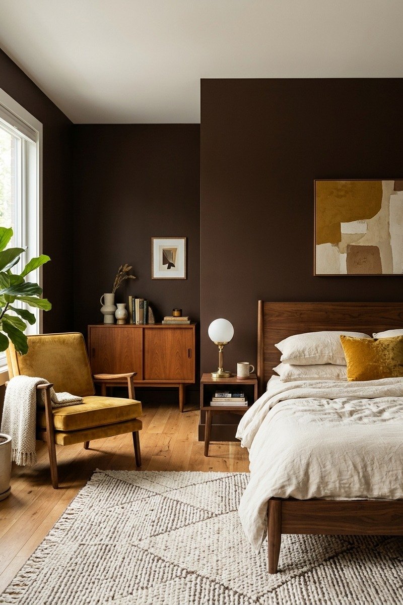 Chocolate brown bedroom with mustard velvet chair