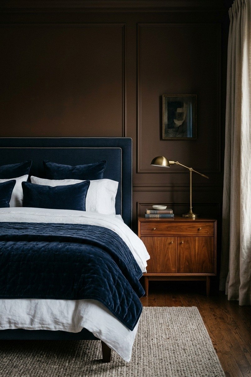 Bedroom with chocolate brown walls and navy velvet bedding