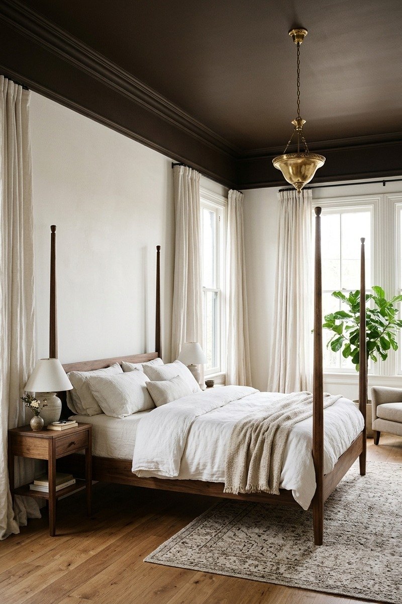 Bedroom with chocolate brown ceiling and warm white walls