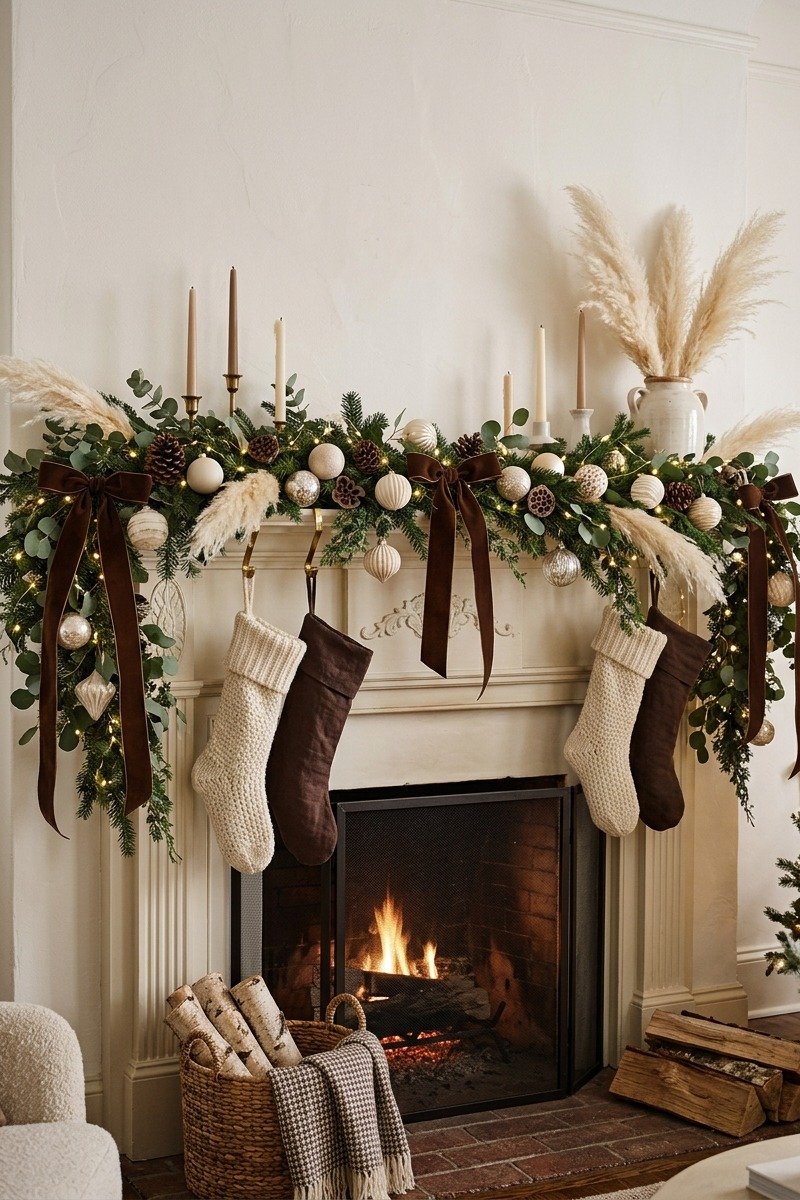 Brown and cream Christmas mantel