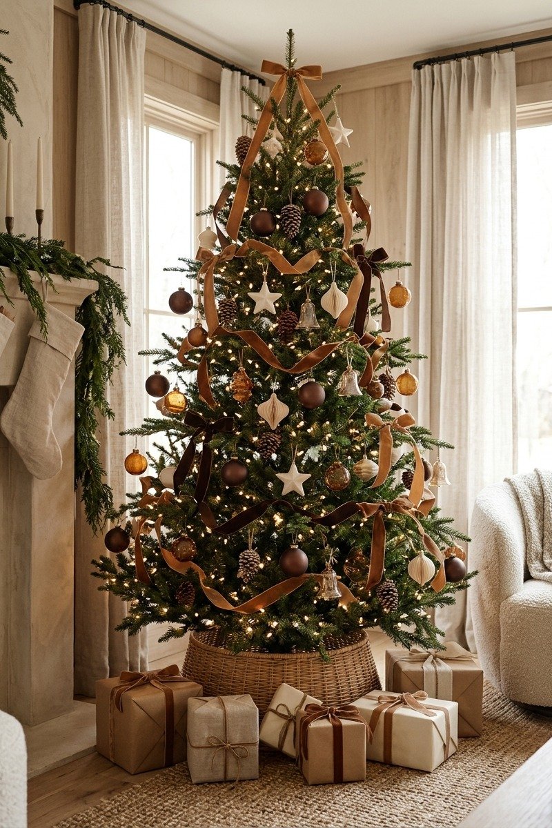 Christmas tree with brown and cream ornaments