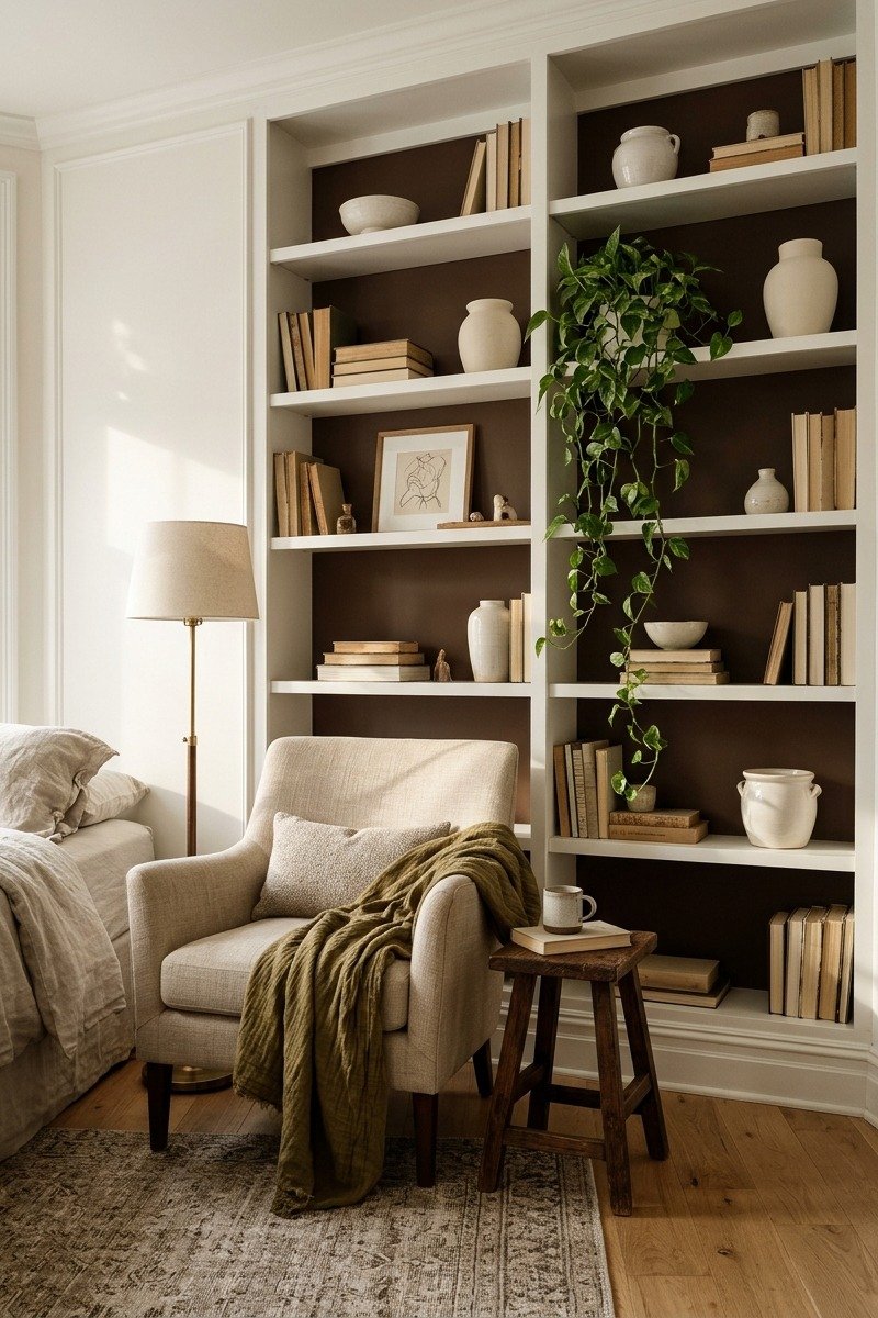 Built-in shelving with chocolate brown painted back in a bedroom