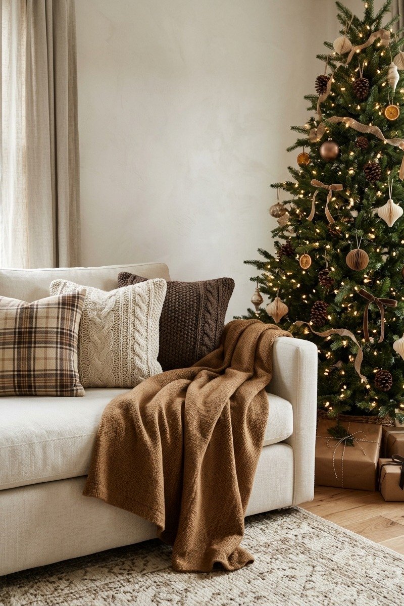 Brown plaid pillows on a sofa