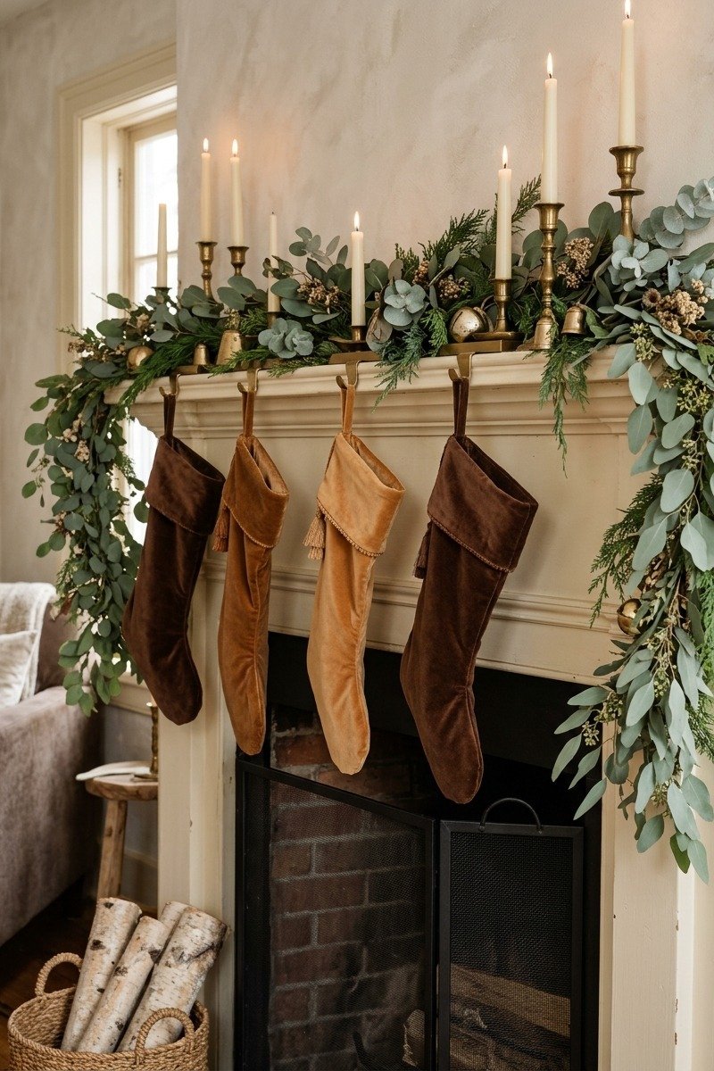 Brown velvet stockings on a mantel