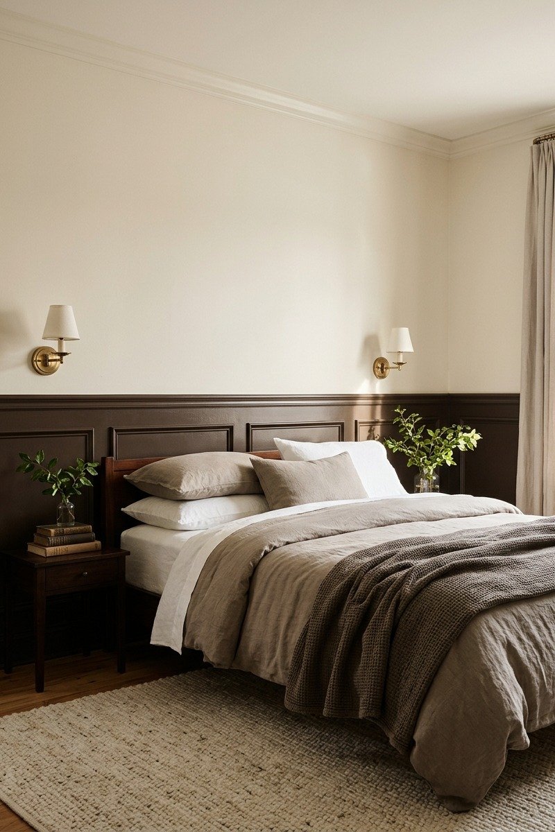 Bedroom with chocolate brown wainscoting and cream walls