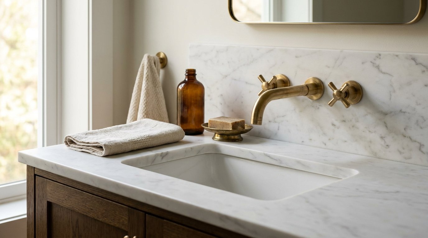 Close-up of brushed brass wall-mounted faucet over a white marble vanity in a luxury bathroom