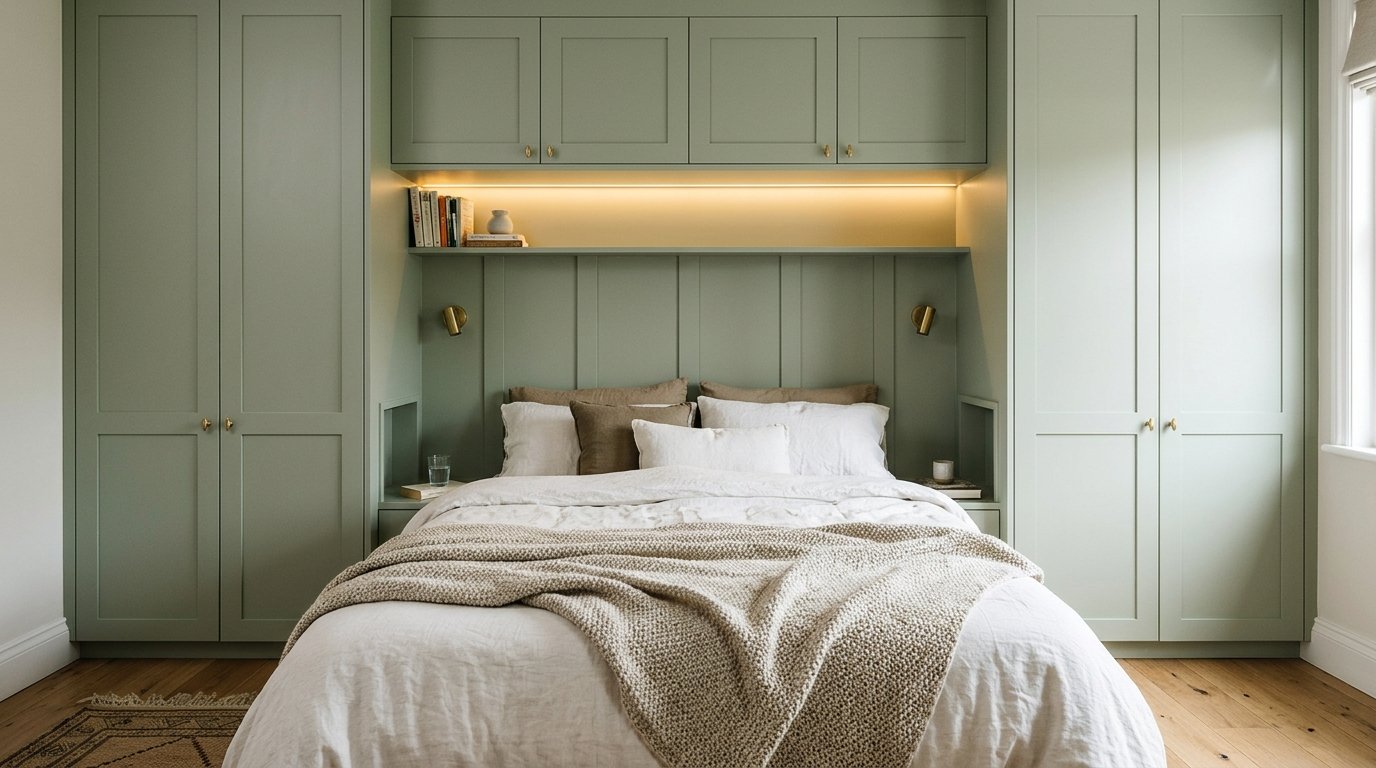 Built-in wardrobes and overhead cabinets forming an alcove around a bed