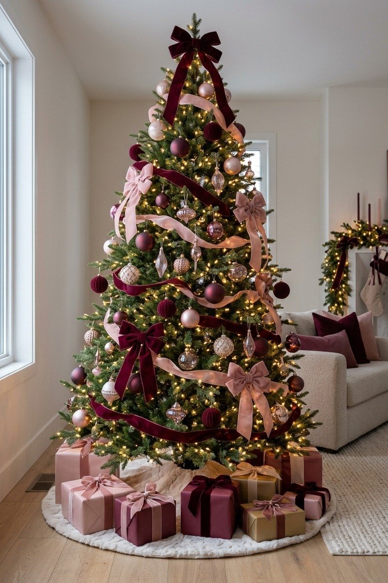 Christmas tree with burgundy and blush pink ornaments
