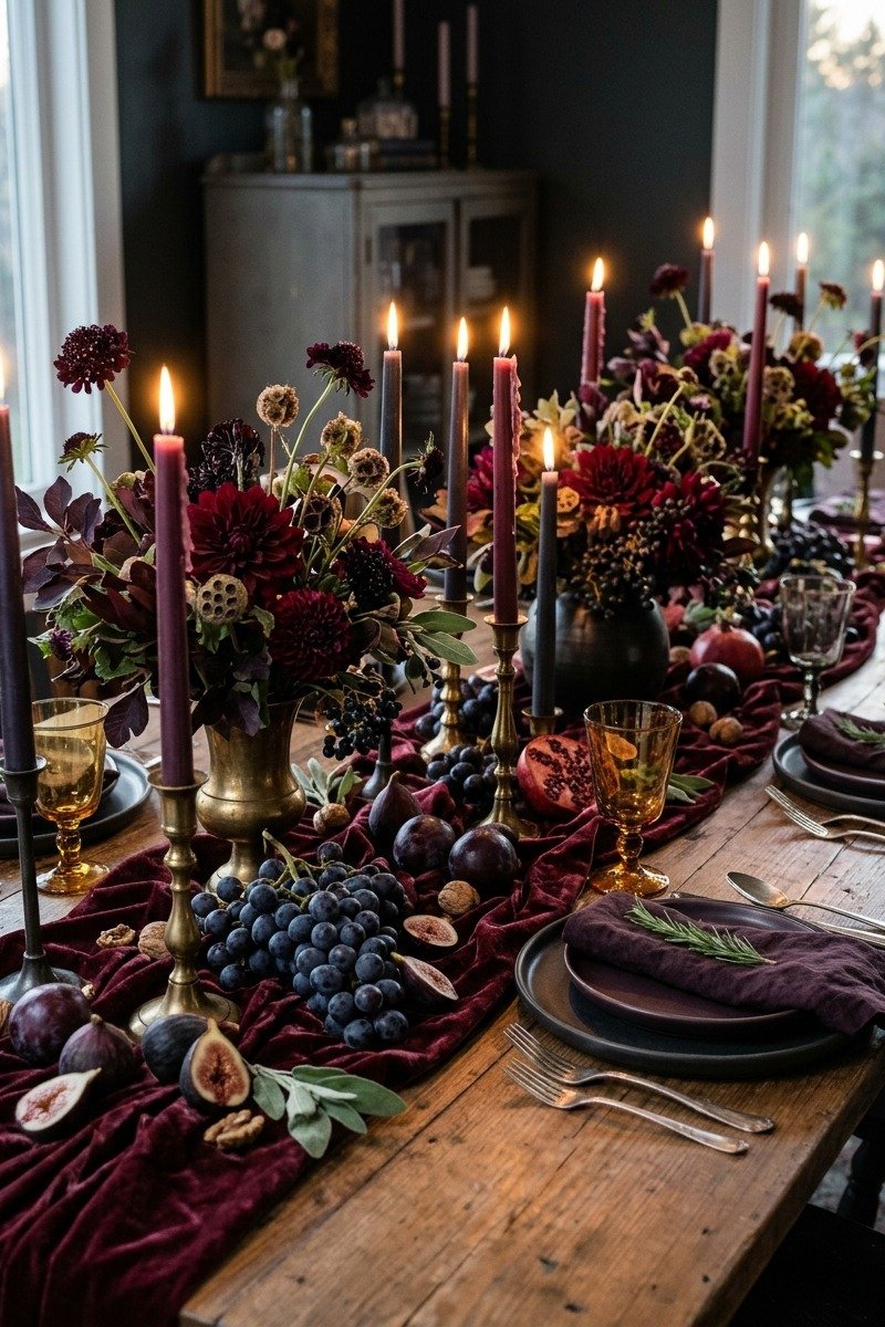 Moody burgundy Thanksgiving table with candles