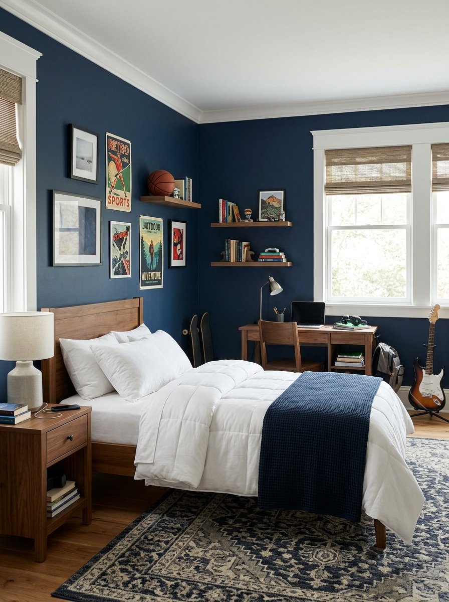 Navy blue painted boys bedroom