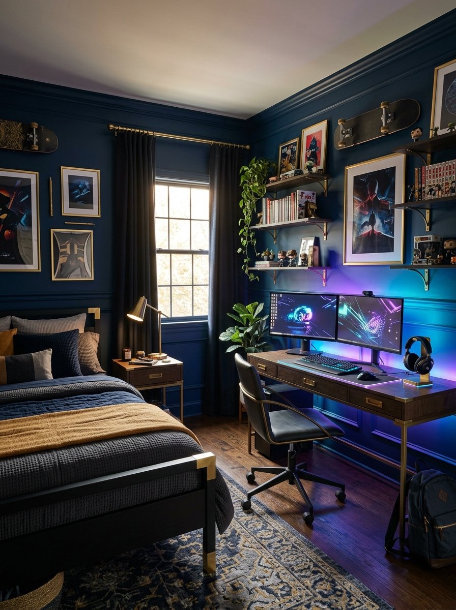 Dark saturated blue painted teen bedroom