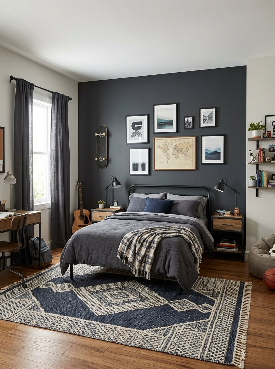 Charcoal gray accent wall in a teen boy bedroom