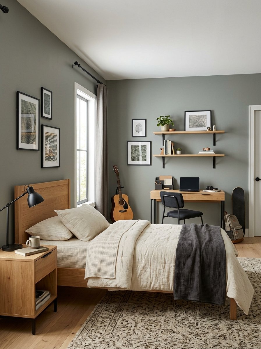 Gray-green painted boys bedroom