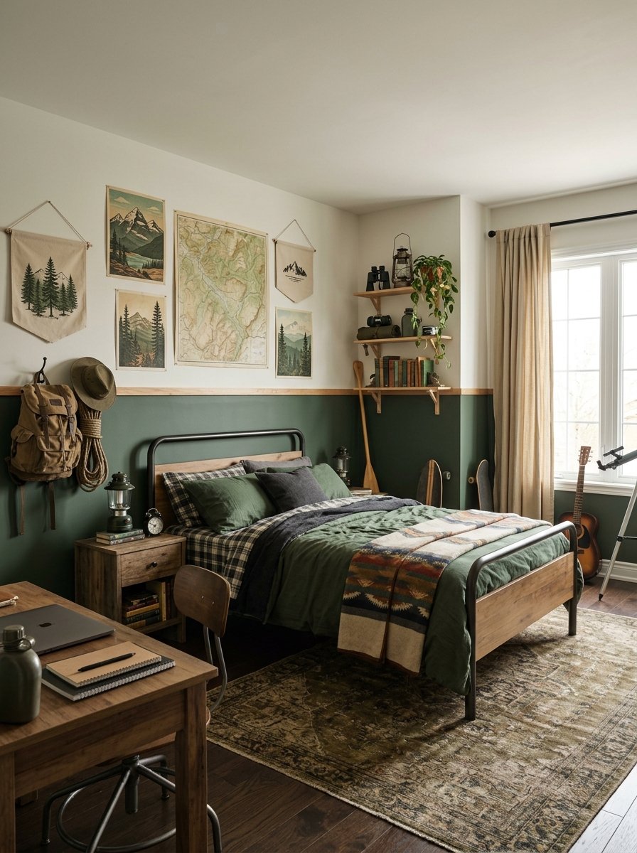 Two-tone pewter green wall in a boys bedroom