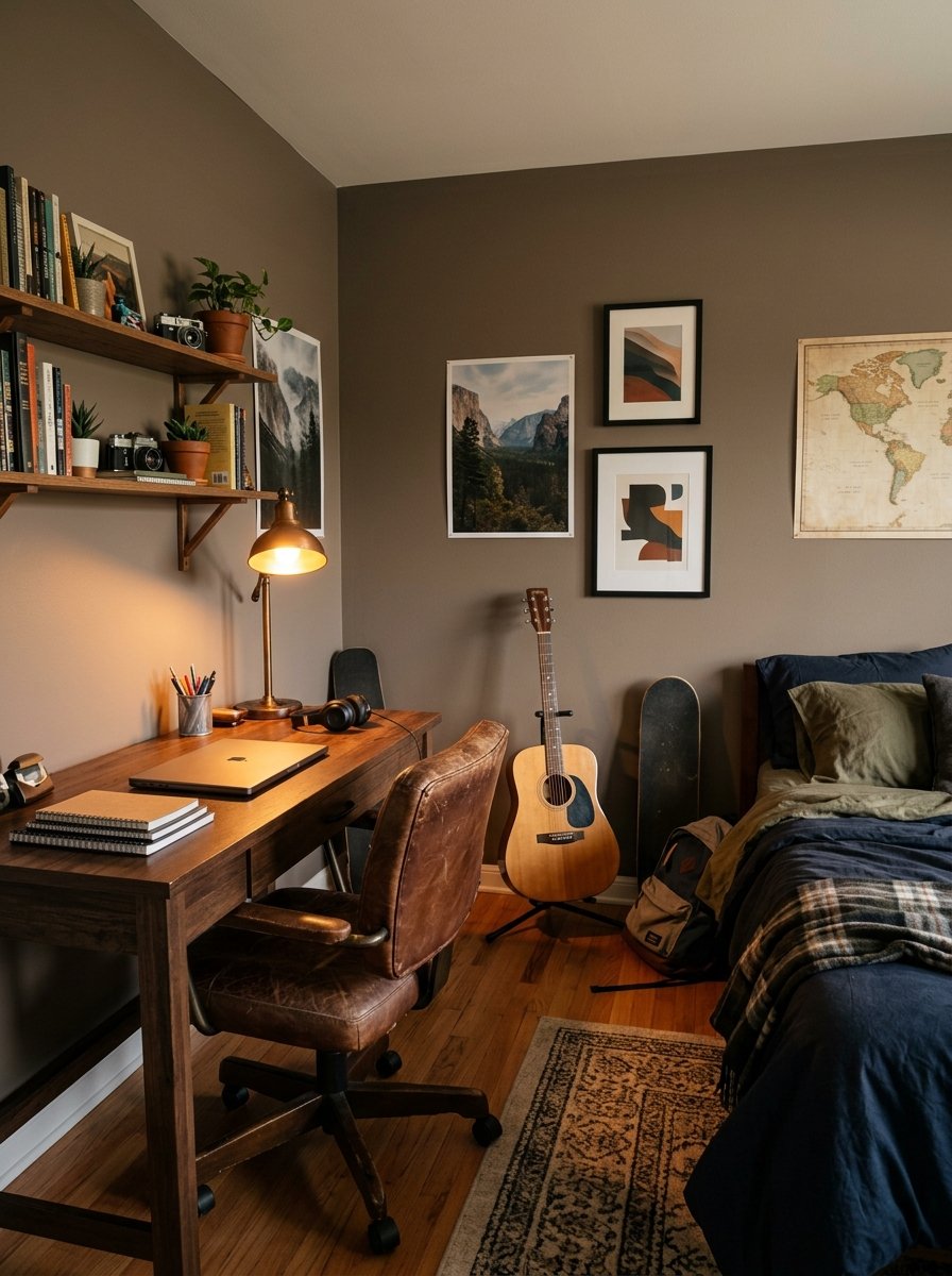 Warm brown-gray painted teen bedroom