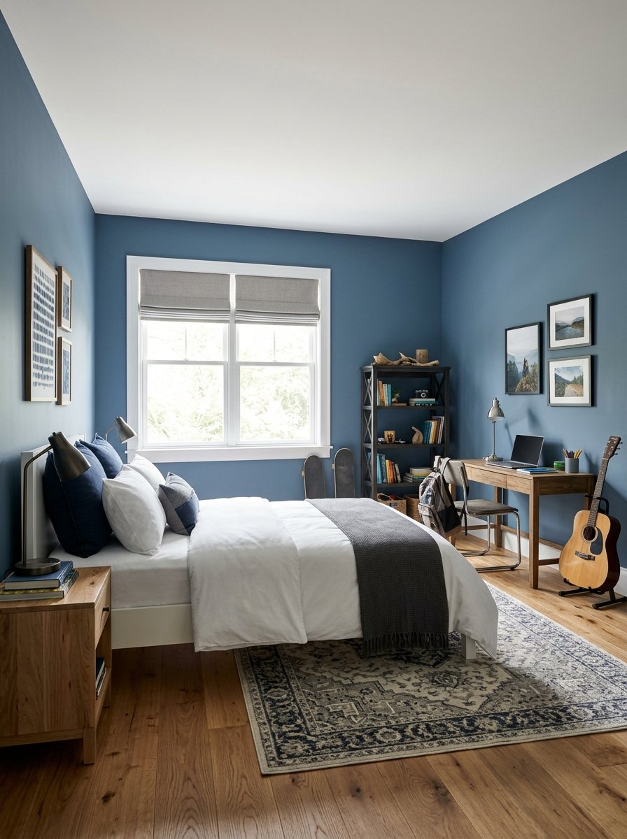 Rich gray-blue painted boys bedroom