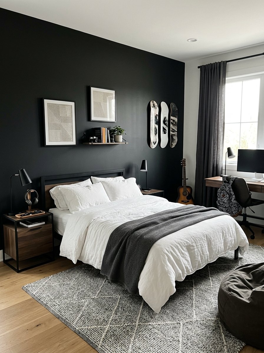 Soft black accent wall in a teen bedroom