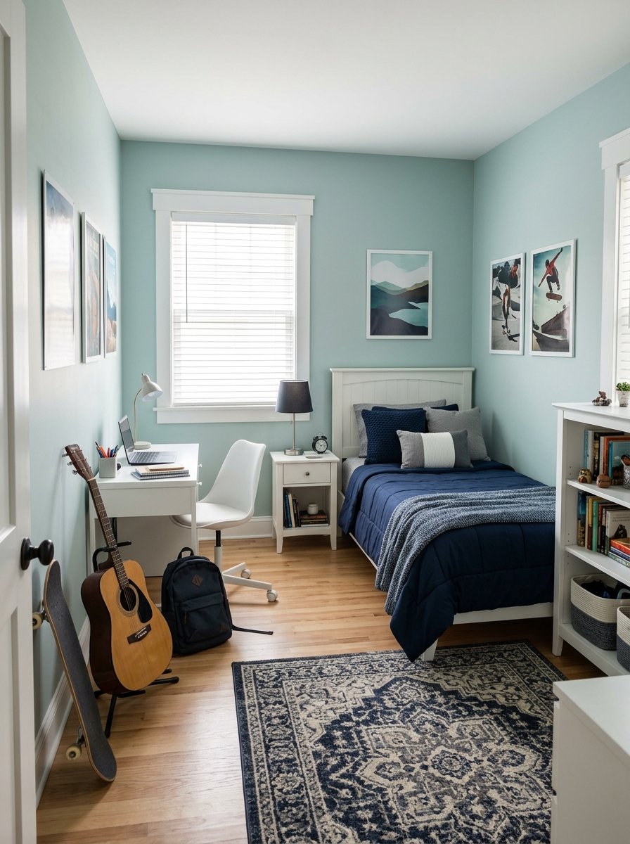 Light blue-green painted small boys bedroom