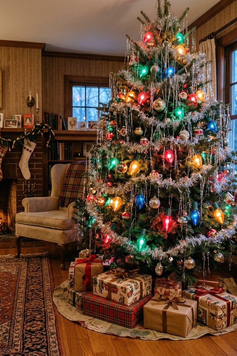 Christmas tree with large colorful C9 bulbs