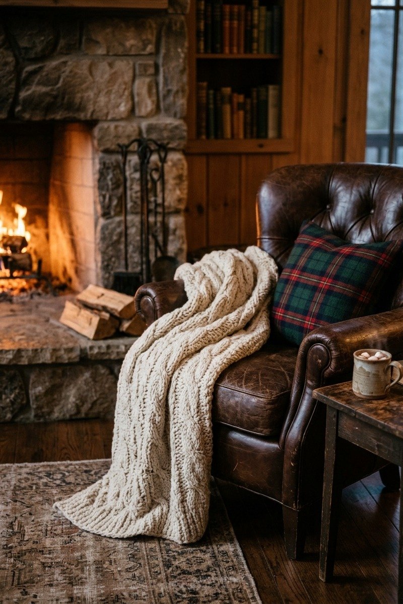 Cream cable-knit throw on a leather chair