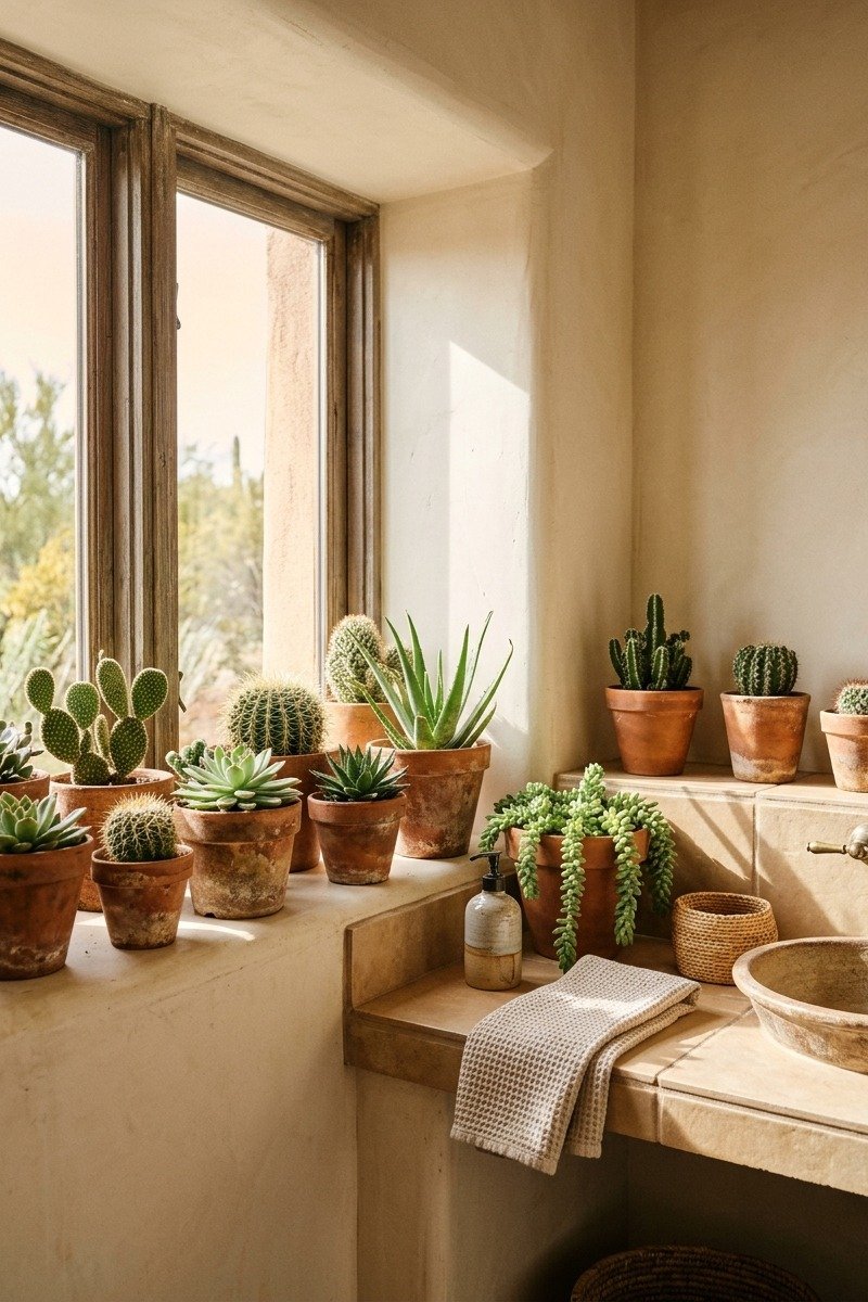 Potted cactus and succulents in a bathroom
