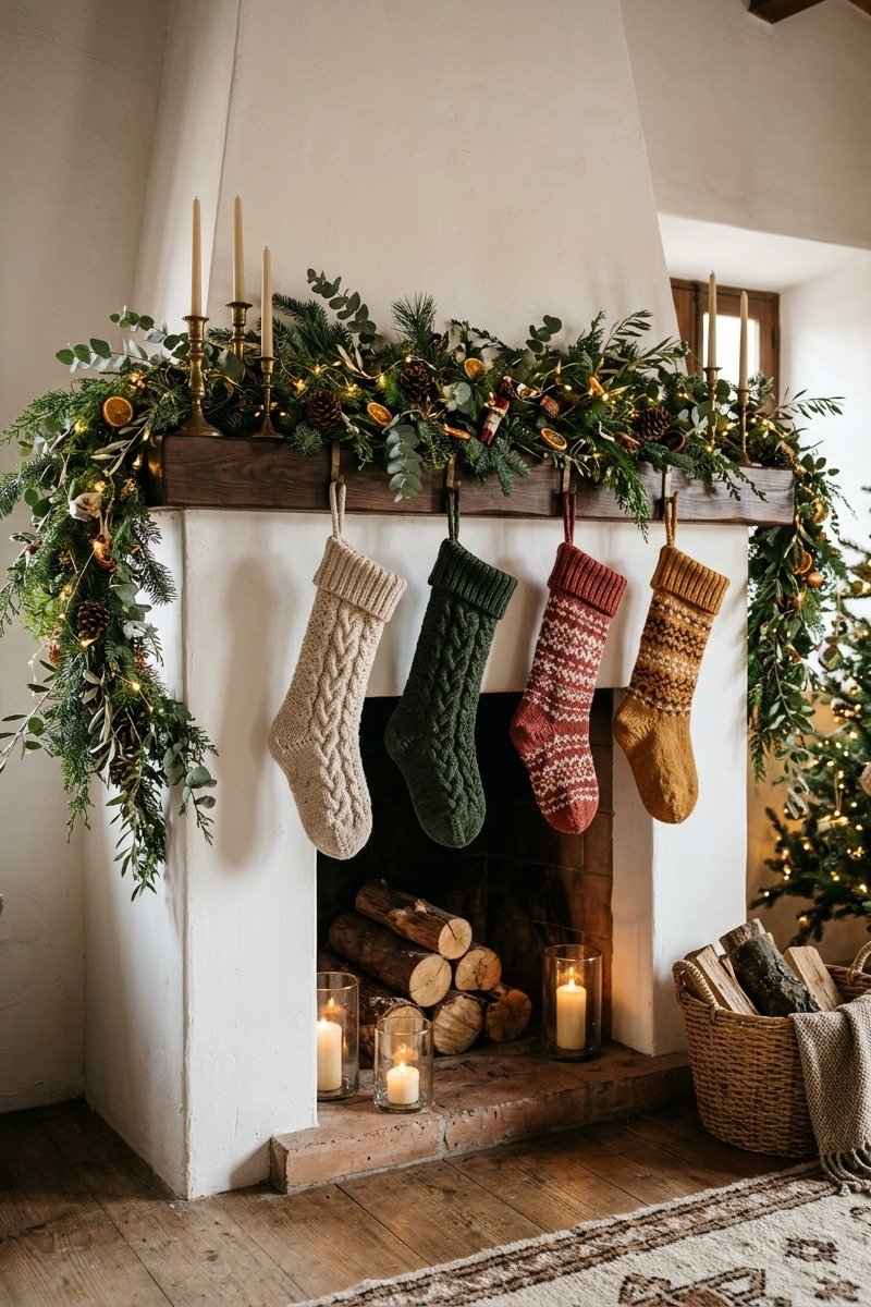 Calcetines navideños colgados en la chimenea