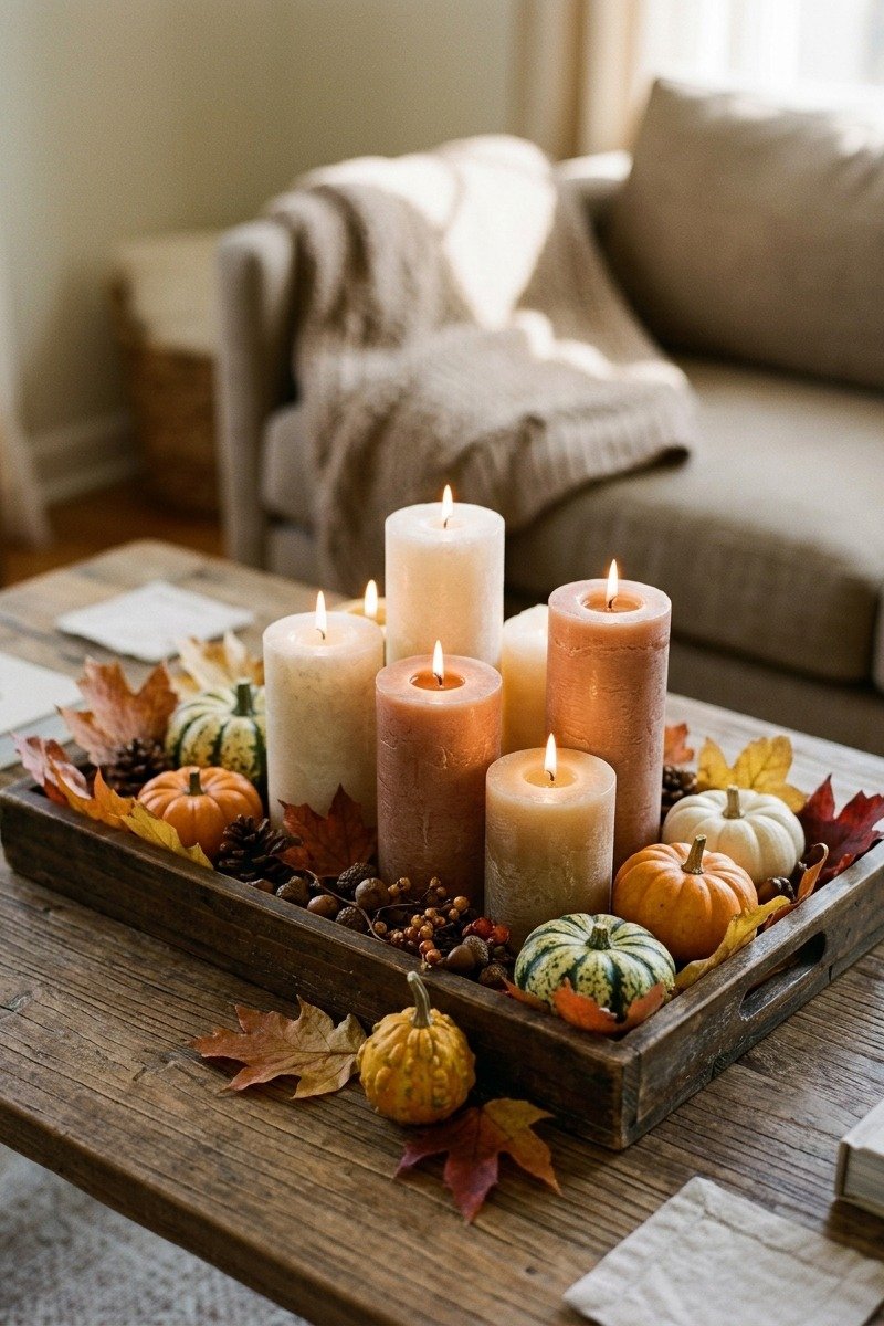 Cluster of candles on a tray for Thanksgiving