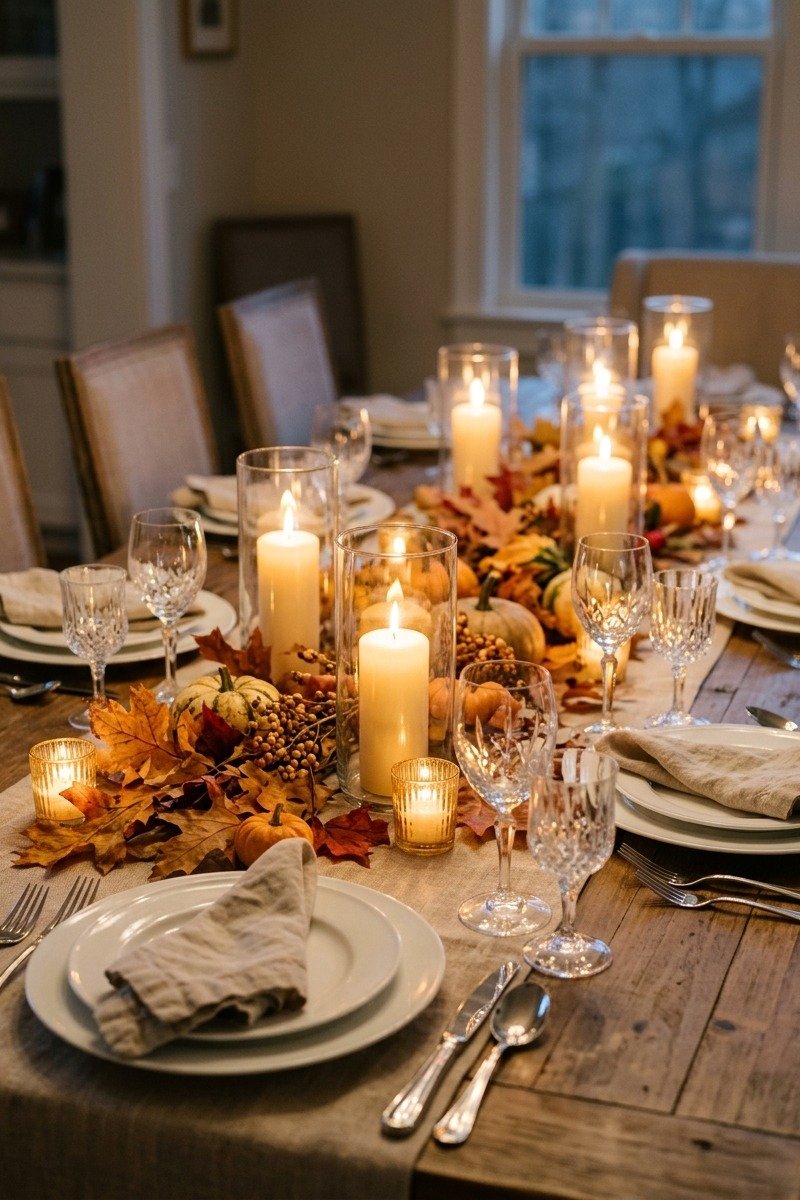 Thanksgiving table with glass hurricanes and candlelight