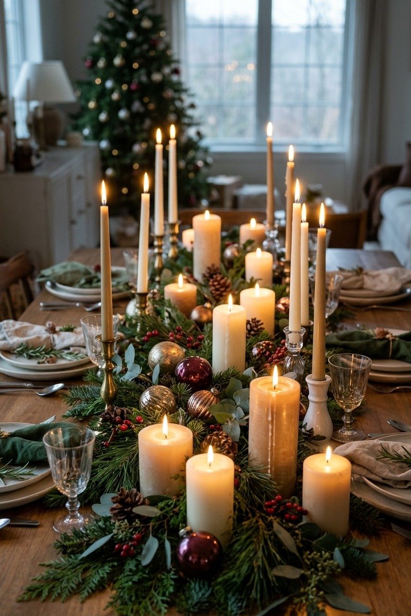 Christmas centerpiece with many candles