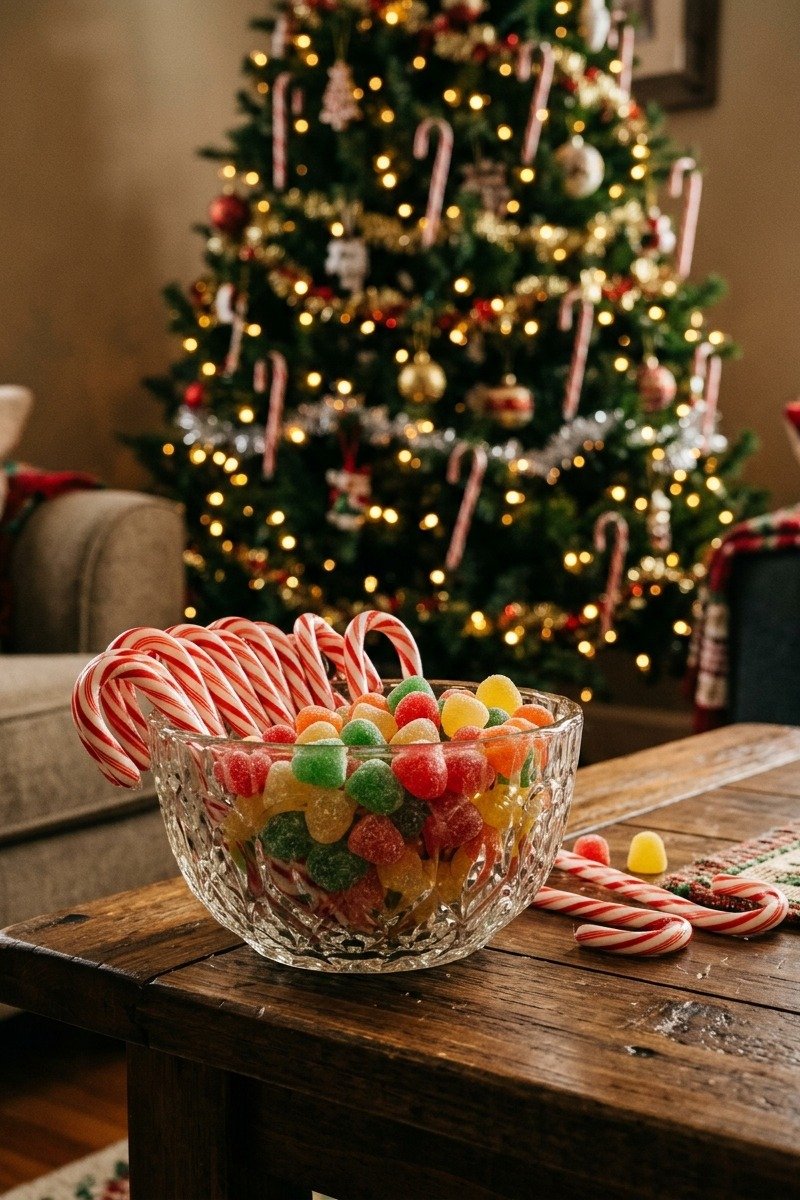 Bowl of candy canes and gumdrops by a tree