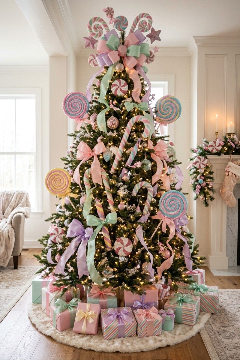 Whimsical candy-themed Christmas tree