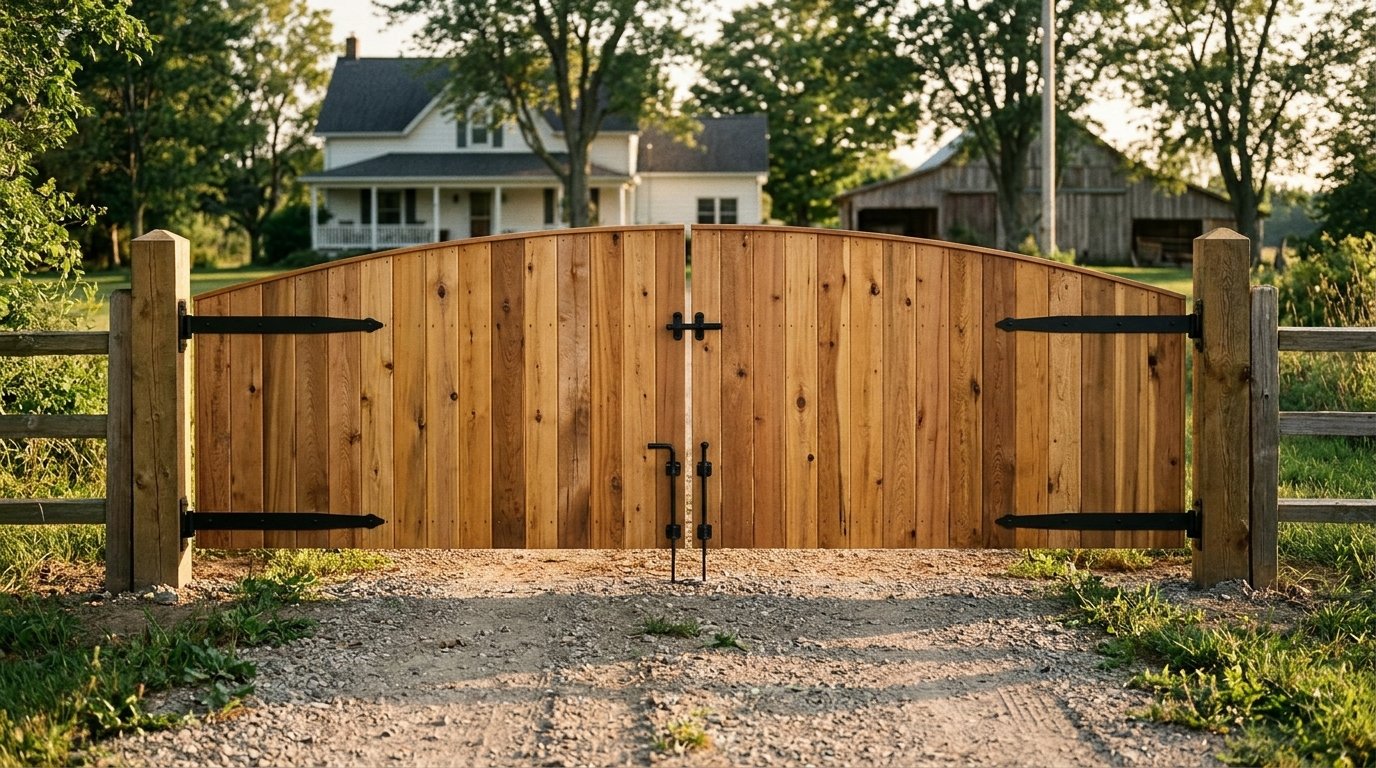 Finished cedar double driveway gate with vertical boards