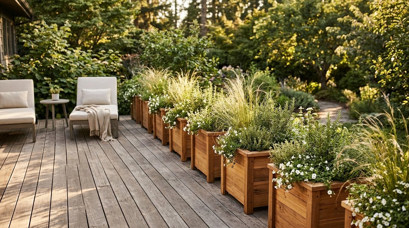 Cedar wood planter boxes with herbs and flowers on a deck