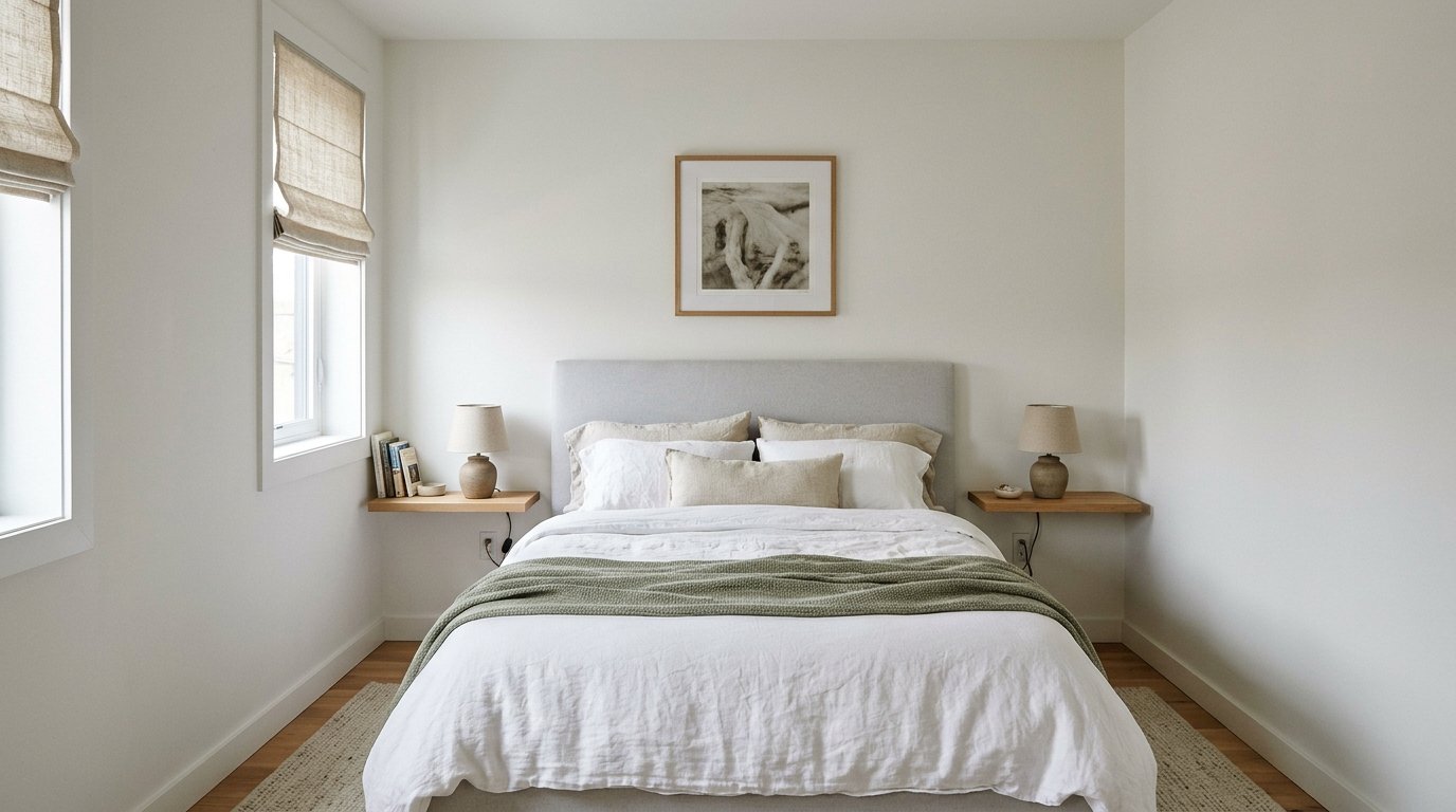Small bedroom with a centred bed and slim floating nightstands on each side