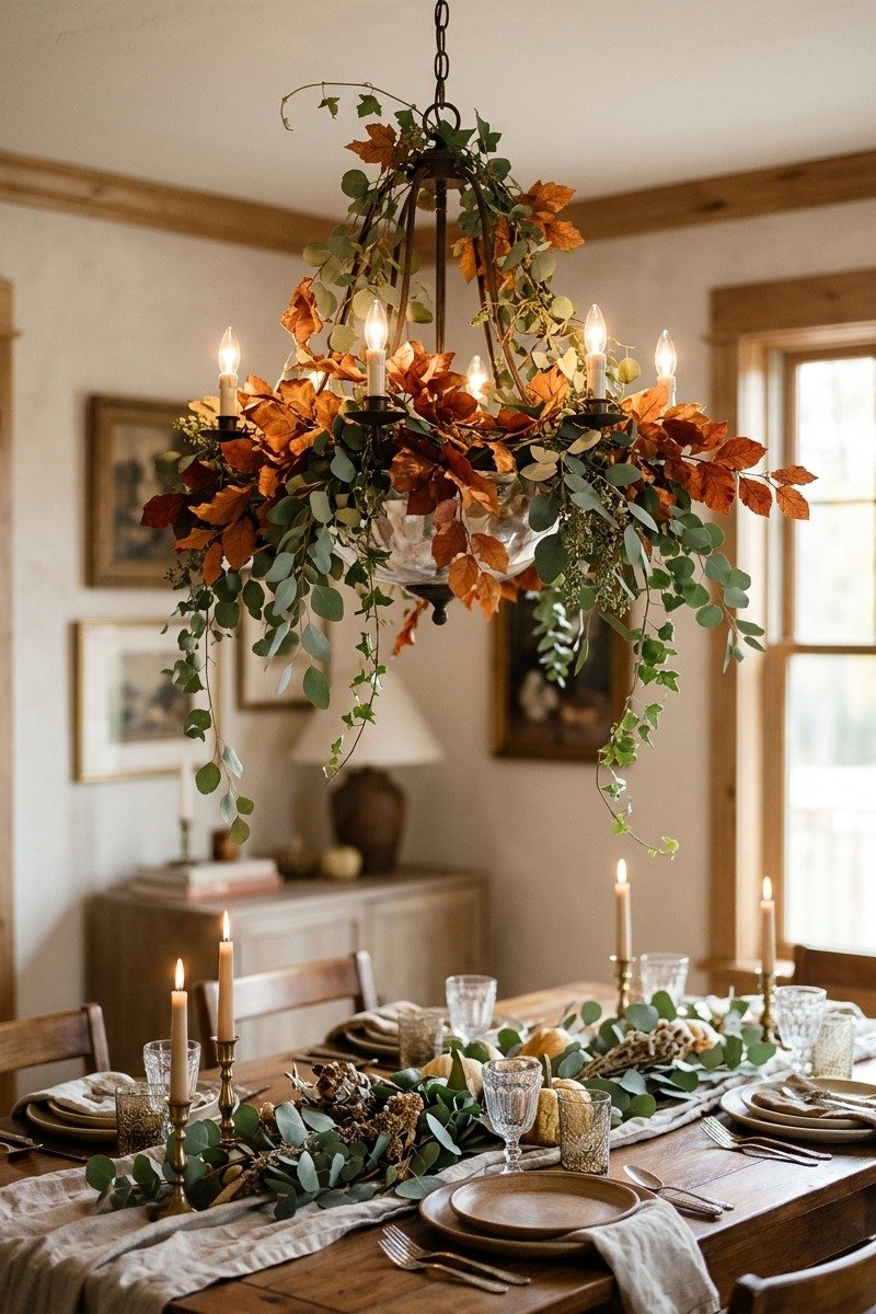 Dining chandelier wrapped with autumn garland