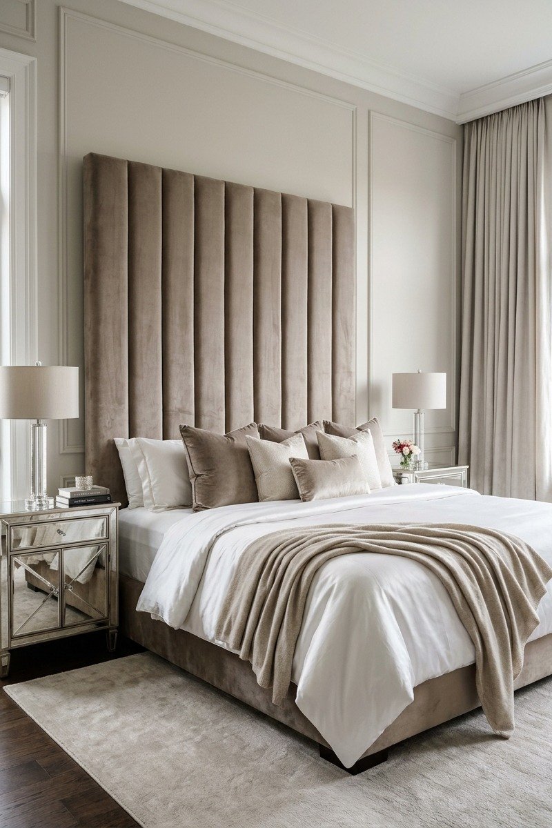 Tall channel-tufted velvet headboard in a luxury master bedroom