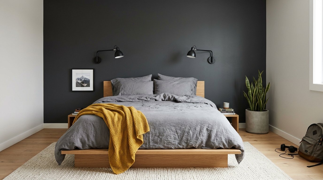 Teen boy bedroom with charcoal grey accent wall behind the bed and oak furniture